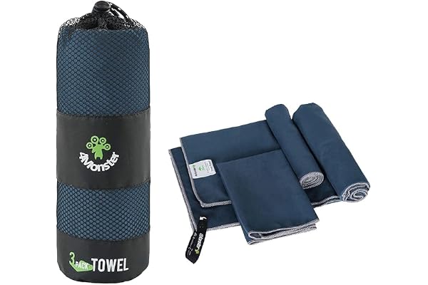 4Monster Lot de 3 serviettes en microfibre - Séchage rapide - Ultra légères - Absorbantes - Pour voyage, sport, camping, fitness, sauna - Bleu marine