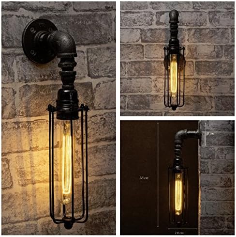 Black industrial iron pipe wall light with cage & bulb