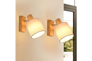 ‎GLITZERLIFE Glitzerlife Wandstrahler Holz Vintage Wandspot 2er - Wandleuchte E14 1 Flammig Retro Schwenkbar Wandbeleuchtung Wandlampe Industriell mit Weiße Stoffschirm für Flur Küche Gang MAX.40W