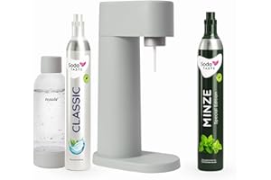 SODATASTE Sparpaket: Mysoda Woody - Wassersprudler aus erneuerbarem Holzkomposit mit 1L BPA-freier Plastikflasche, CO2-Zylinder Classic + CO2-Zylinder Minze (Grau)