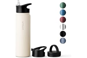 Vinsun Butelka do picia ze stali nierdzewnej 750 ml, 3 pokrywki, szczelna, do napojów gazowanych, nie zawiera BPA, butelka termosowa do uprawiania sportu, na zewnątrz, do szkoły, na rower, do biura