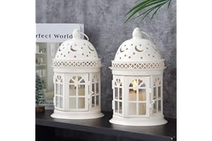 JHY DESIGN Set di 2 Lanterne Decorative Alta 21 cm Lanterna da Appendere Stile Vintage Portacandele in Metallo per Eventi Parità e Matrimoni all'aperto al Coperto (Bianco)