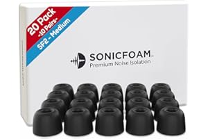 SONICFOAM Memory-Schaum-Ohrhörer-Aufsätze – Prämie Geräuschisolierung, Ersatz-Ohrhöreraufsätze aus Schaumstoff, 20 Stück für In-Ear-Kopfhörer (SF2 Mittel, Schwarz)