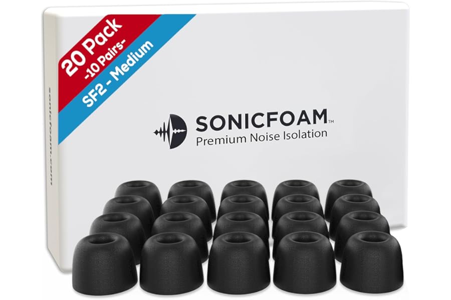 SONICFOAM (SF2 Medium Black) Memory Foam Earbud Tips for Earbuds with Speaker Diameter 4.4-5.7mm - (20 Pack / 10 Pairs)