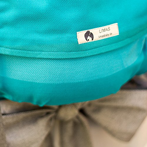 LIMAS Babytrage BIO-Baumwolle, wendbare Bauch-, Rücken- und Hüfttrage – Türkis Gestreift/Grau - 3