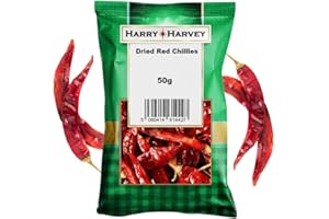 Harry Harvey Dried Red Chillies Whole 50g | Sun Dried Kashmiri Chilli, Hot Mirch Peppers & Long Red Chilli for Curries, Rice, Pickles & Seasoning | Natural Spice Herb for Authentic Indian Cooking
