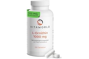 ‎VITA WORLD L-Ornithin Tabletten – L Ornithin hochdosiert 1000mg pro Tag (120 vegane Tabletten) – ideal zur Ergänzung bei erhöhter Eiweißzufuhr – laborgeprüft, ohne Zusätze, glutenfrei und laktosefrei – vitaworld