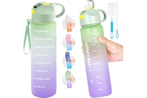 QCQHDU Trinkflasche 1L, aus Polyethylen, Sport-Wasserflasche mit Strohhalm & Zeitmacher, Wasserflasche mit Flaschenbürste und Filter, auslaufsicher, Radfahren, Büro und Schule (Grün)…