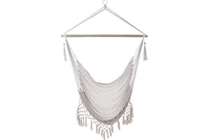Intirilife Silla Colgante de macramé de algodón en Beige con Borde de Flecos - Asientos cómodos Que ahorran Espacio y Son Transpirables para Adultos y niños en Interiores y Exteriores