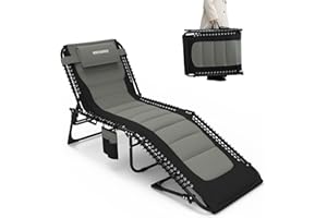 ‎WKFAMOUT WKFAMOUT Oversized Sun Lounger Folding Garden Lounger 5 Adjustable Backrest Outdoor Foldable XXL Tripod Lounger Beach Lounger Camping Bed up to 150 kg with Cushion Side Pocket 200 x 68 cm Grey