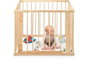 dibea Laufgitter für Baby & Kleinkind, nachhaltiger Laufstall aus hellem Fichtenholz mit Tür, 4 Elemente je 90x68 cm, solides Absperrgitter schützt beim Krabbeln & Gehversuchen, sicheres Schutzgitter