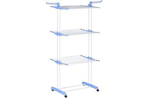 ‎HOMCOM HOMCOM Wäscheständer Turm ausziehbar Standtrockner mit 4 Ebenen, klappbare Flügel, Rollen, Turmwäscheständer Wäscheturm Wäschetrockner für Innen und Außen, Blau 73 x 45,5 x 177cm