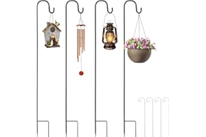 Forbabe Schäferhaken 100cm, 4 Stück Hirtenhaken mit 4 Pflanzenschild Höhenverstellbar Hirtenstab Laternenstab Hirtenbogen Haken Metall Gartenstab mit Haken für Vogelkäfige Windspiel Pflanzkörbe
