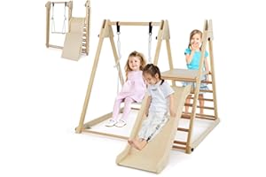 Maxmass 3-in-1 Kids Climbing Frame, Wooden Children Climber Playset with Swing, Slide and Ladder, Garden Toddler Jungle Gym Playground for Indoor Outdoor (Natural)