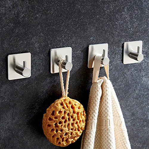 Selbstklebend Handtuchhaken Haken Edelstahl 3M Badezimmer WC Traceless Hat Handtuch Kleiderhaken Schiene Aufbewahrung Kleiderbügel Racks Wand Haken für Küche Bad (4 pcs 304 Edelstahl Wandhaken)