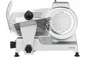 Cortadora de fiambre eléctrica H.Koenig MSX220, profesional, precisa, espesor de corte 0-12 mm, cuchilla italiana de 22 cm, afilador integrado, amplia bandeja 282 rpm