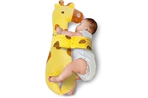 YJZQ Oreiller pour bébé avec Ceinture Oreiller Anti-Rouler Bébé Oreille Barre de lit Fille Garçon Doudou Aide Sommeil Coussin de Girafe Calmer Nouveau-né Coussin Latéral Mollet Jaune 80x25CM