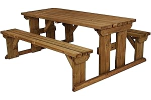 Arbor Garden Solutions Wooden picnic table with attached benches, Abies patio furniture set (6ft, Rustic Brown)