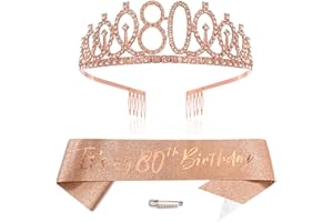 XIHUIMAY Or rose 80e anniversaire couronne et écharpe fille 80e anniversaire décoration strass anniversaire diadème princesse couronne reine tiare anniversaire écharpe d'anniversaire filles 80 ans décoration