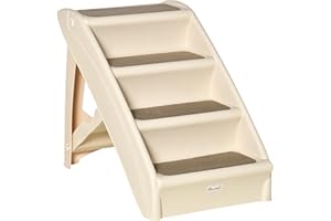 PawHut Four-Step Foldable Pet Stairs w/Non-Slip Mats, for S, XS Dogs - Beige
