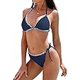 Charmo Women's Scalloped High Waisted Bikini Sets Removable Bra V Neck Swimsuits Sporty Two Piece Bathing Suit