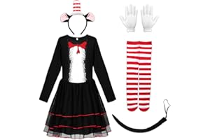 Ficlwigkis Cat in The Hat Costume Set,5 Piece Cat Costumes for Kids Tulle Dress Tail Red Headband Striped Pantyhose Gloves for World Book Day Halloween Costumes Cosplay Dress Up