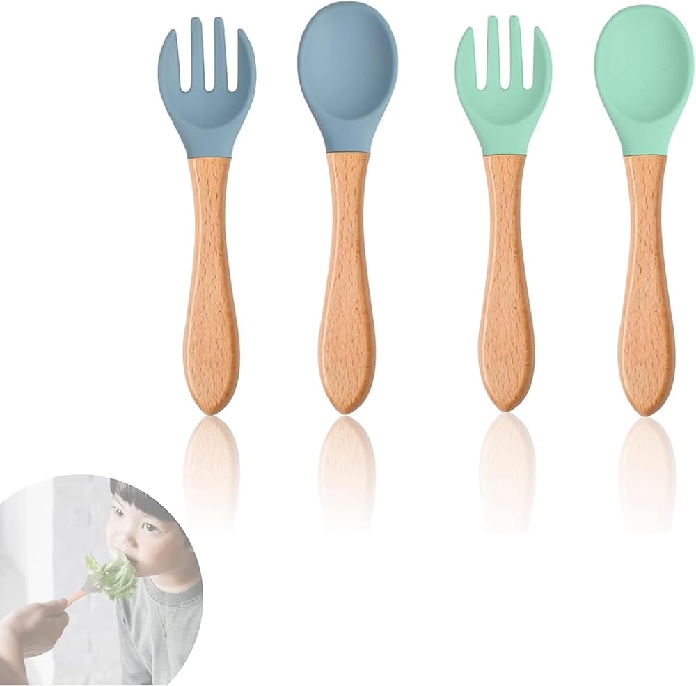 Aputue Yürümeye başlayan çocuk mutfak eşyaları seti, çatal ve kaşık takımı, 4 Parça silikon beslenme seti, Kolay kavramalı bebek çatal bıçak takımı, Bebekler ve küçük çocuklar için ilk yemek eğitim