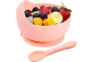 Hoseay Baby Feeding Bowls and Spoons,Silicone Toddler Weaning Set with Suction Bowl BPA Free Children Tableware Eating Bowl for Baby Boys Girls,Easy Clean Kids Meal Set Microwave Dishwasher Safe,Pink