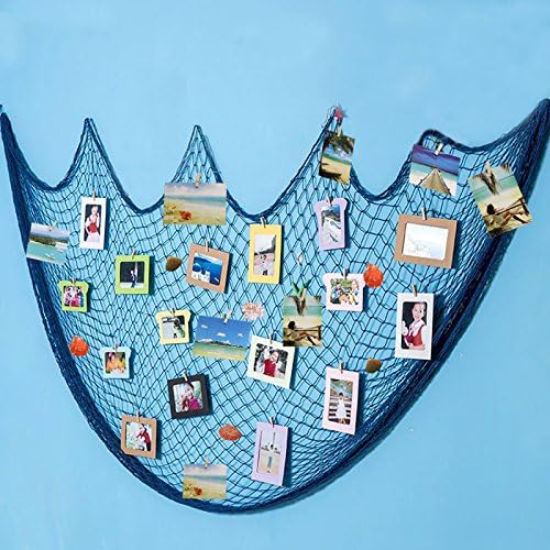 Ecjiuyi Photo Hanging Display Frames, 79 x 40inch Mediterranean Fishing Net Wall Decorations with 30 Clips,Picture Cards Collage Artworks Organizer (Blue)