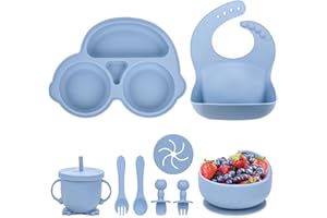 VSIFEHSO Kinderteller Set 9-teiliges Geschirr-sets für Baby Spülmaschine und Mikrowelle Safe BPA-frei Baby Kindergeschirr Set mit Lätzchen Essteller Schüssel Tasse Löffel Gabel
