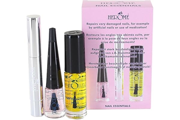 Herome 3-en-1 Nail Essentials Kit (Rose) - Travel Set - Soin Réparateur pour les Ongles Cassés après des Faux-Ongles- Huile pour Ongles Abîmés, Sérum pour Cuticules et Durcisseur