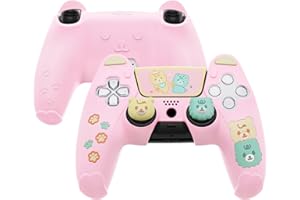 PlayVital Silikonhülle für PS5, Cute Bear Kawaii Controller Hülle kompatibel mit Ladestation, Gamepad Skin Schutzhülle für PS5 mit Touchpad Aufkleber und Daumengriffe-Rosa und Gelb