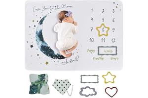 wocharm Baby Milestone Mat Blanket photo prop with floral numbers Newborn Boy Girl Gift(Star&Moon)