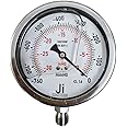 "Ji" Japsin Instrumentation Vacuum Gauge, Economical Glycerin-filled, Dial Size 4" (100 mm), SS Case and Internals, Range -760 mmHg to 0 with Dual Scale of -30 Inhg to 0, Direct Mounting Bottom Entry
