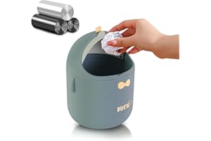 QLFJ-FurDec Small Wastebasket Bin with Lid, Pink Cute Kawaii Office Desk Bins and 3 Rolls Bin Liners, Cartoon Rabbit Tea Bag Dustbin 15.5 * 14 * 23.5cm for Home,Vanity Tabletop, Bedroom (Duck-Green)
