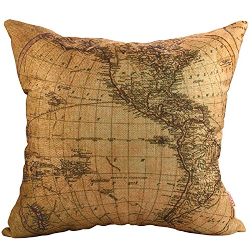 Luxbon 2 stk. Vintage Weltkarte (östliche & westliche Halbkugel) Leinen Kissenbezug Lendenkissen Sofakissen Pillowcase Cafe Auto Haus Deko 18 “ x 18 “ - 3