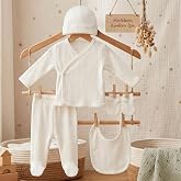 %100 Pamuklu Yenidoğan Bebek Hastane &Ccedil;ıkışı Seti 5 Par&ccedil;a Yenidoğan Bebek Takımı Unisex Bebek Seti (Beyaz)