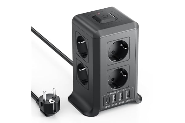Multiprise avec Interrupteur, Multiprise Parafoudre et Surtension with 8 Sortie AC and 4 USB Ports, pour Le Bureau, Salon, Chambre à Coucher