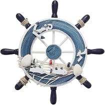 WINOMO Volante In Legno Nautico Con Rete E Conchiglie - Decorazione Parete A Tema Mare 23x23 Cm Blu E Bianco - 3