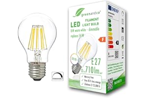 ‎GREENANDCO greenandco® CRI 90+ ściemnialna E27 LED filament żarówka 8W (zastępuje 54W) 710lm 2700K (ciepła biel) 360° 230V szklana żarówka, bez migotania