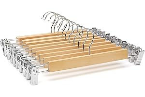 KROWN - 6 Perchas de Madera Natural con Clips Antideslizantes y Ganchos Giratorios, Robusta y Brillante, Ideal para Pantalones, Shorts, Faldas, Calcetines y Ropa Interior