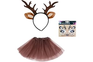 UILYNIU 3 Piezas Disfraz de Diadema Cuernos Ciervo, Orejas de Cuernos CiervoTutu Falda Cara Ciervo Tatuaje, Disfraz de Animal Jirafa Accesorios para Niña Niños Carnaval Halloween Cosplay Fiesta