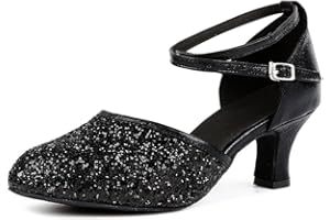 OCHENTA Womens Sequined Leather Pointed Toe Kitten Heel Latin Ballroom Dance Shoes
