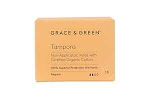GRACE AND GREEN Grace & Green - Organic Tampons - Non-Applicator - Size: Regular - Made with Organic Cotton - Sustainable - 18x Regular Tampons