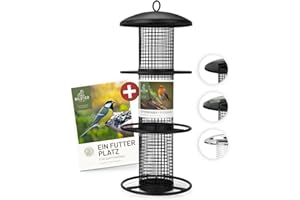 wildtier liebe Vogelfutterspender 35cm, Schwarz - Erdnussfutterspender aus rostfreiem Metall, Vogel Futterstation, Futtersäule, Nüsse Erdnüsse, Wildvögel Futtersilo
