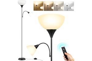 OUTON Lámpara de pie de salón, lámpara de LED regulable y lámpara de lectura, 3 temperaturas de color, con control remoto y dos bombillas de 9w, para salas de estar, oficinas y dormitorios, Negro