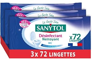 Sanytol - Lingettes Désinfectantes WC - Senteur Fraîcheur Marine - Lot de 3 x 72 - Bactéricide, Virucide, Fongicide - Sans Javel, Fabrication Française, 100% Fibres d’Origine Végétale