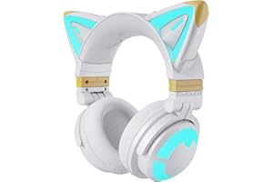 YOWU RGB Cat Ear Headphone Wireless 5.2 Foldable Gaming Headset with SoundMage Acoustic System, Built-in Mic & Customizable Lighting and Effect via APP, Designed for Gamer Girls (3G, White)