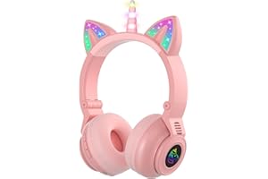 JYPS Jednorożec słuchawki Bluetooth, bezprzewodowe/przewodowe słuchawki dla dzieci ze światłami LED, dziecięce słuchawki nauszne z mikrofonem i gniazdem na kartę SD, do iPada/Kindle/tabletu (różowe)