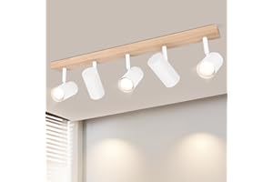 Glitzerlife Reflektor sufitowy Biała - sufitowe Drewniana lampa sufitowa 5 Reflektory GU10 350° Obrotowa lampa sufitowa w stylu vintage Salon do przedpokoju Sypialnia